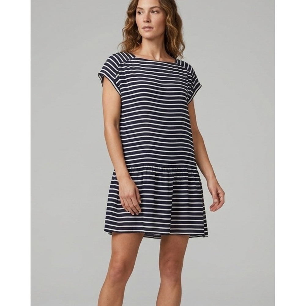 J.Crew 100% Silk Drop Waist Mini Dress Sheer Navy Blue White Striped Womens L